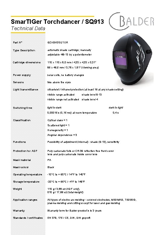 Smar. TIGer Torchdancer / SQ 913 Technical Data Part N° GZKBH 3 SQTOR Type