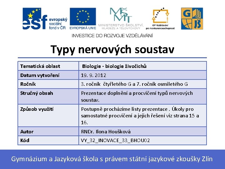 Typy nervových soustav Tematická oblast Biologie - biologie živočichů Datum vytvoření 19. 9. 2012