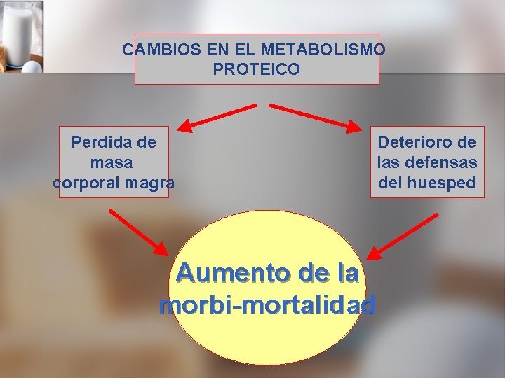 CAMBIOS EN EL METABOLISMO PROTEICO Perdida de masa corporal magra Deterioro de las defensas