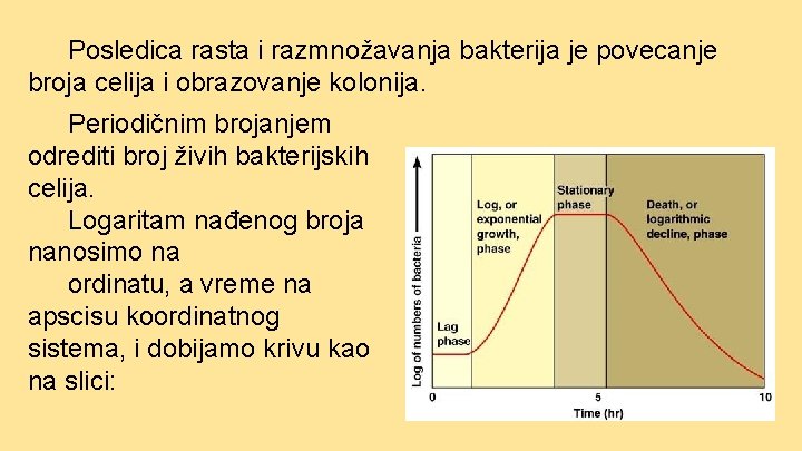 Posledica rasta i razmnožavanja bakterija je povecanje broja celija i obrazovanje kolonija. Periodičnim brojanjem Posledica rasta i razmnožavanja bakterija je povecanje broja celija i obrazovanje kolonija. Periodičnim brojanjem