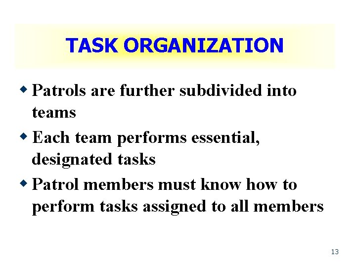 TASK ORGANIZATION w Patrols are further subdivided into teams w Each team performs essential,