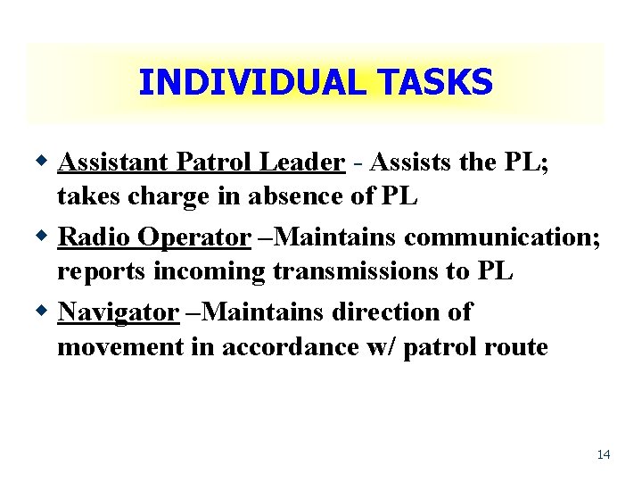 INDIVIDUAL TASKS w Assistant Patrol Leader - Assists the PL; takes charge in absence