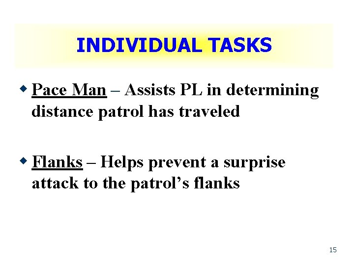 INDIVIDUAL TASKS w Pace Man – Assists PL in determining distance patrol has traveled