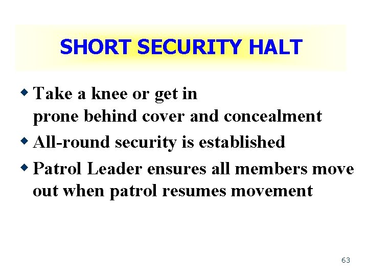 SHORT SECURITY HALT w Take a knee or get in prone behind cover and