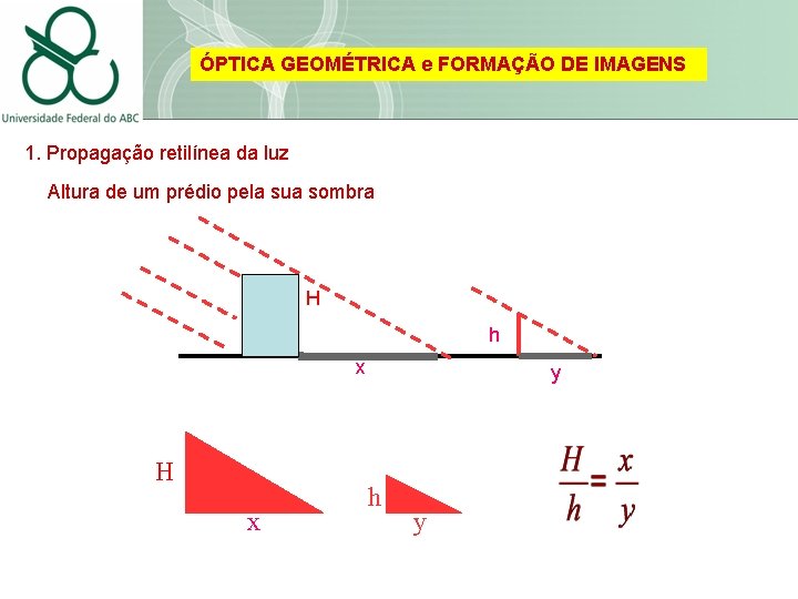 ÓPTICA GEOMÉTRICA e FORMAÇÃO DE IMAGENS 1. Propagação retilínea da luz Altura de um