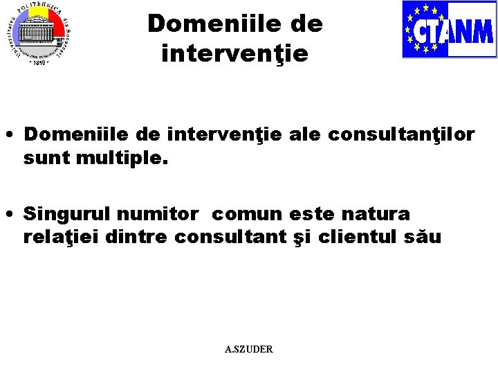 Domeniile de intervenţie • Domeniile de intervenţie ale consultanţilor sunt multiple. • Singurul numitor