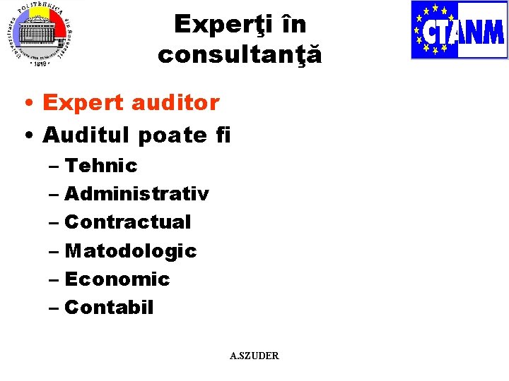 Experţi în consultanţă • Expert auditor • Auditul poate fi – Tehnic – Administrativ