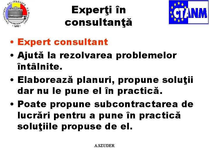 Experţi în consultanţă • Expert consultant • Ajută la rezolvarea problemelor întâlnite. • Elaborează