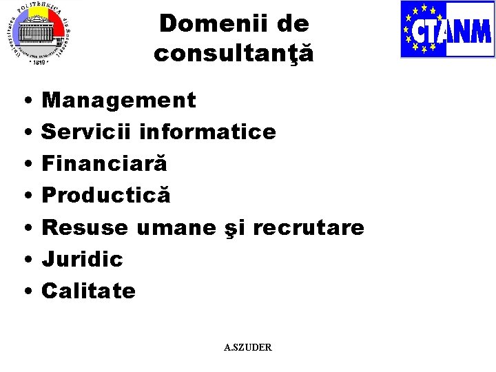 Domenii de consultanţă • • Management Servicii informatice Financiară Productică Resuse umane şi recrutare