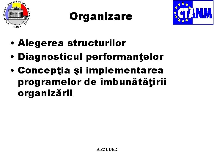 Organizare • Alegerea structurilor • Diagnosticul performanţelor • Concepţia şi implementarea programelor de îmbunătăţirii