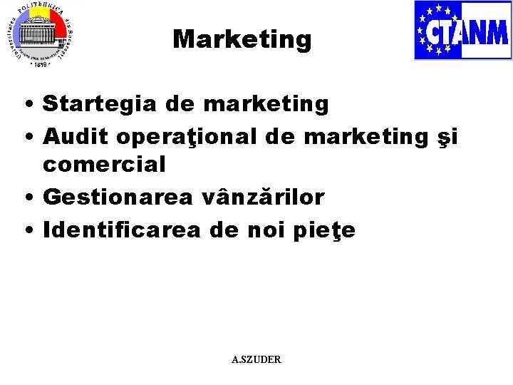 Marketing • Startegia de marketing • Audit operaţional de marketing şi comercial • Gestionarea