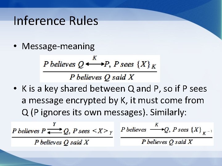 Inference Rules • Message-meaning • K is a key shared between Q and P,