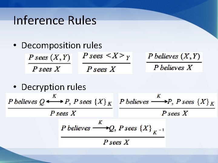 Inference Rules • Decomposition rules • Decryption rules 