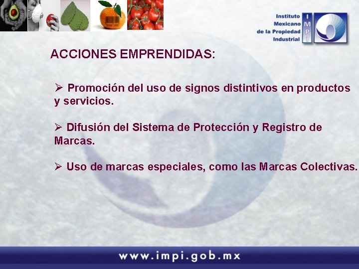 ACCIONES EMPRENDIDAS: Ø Promoción del uso de signos distintivos en productos y servicios. Ø