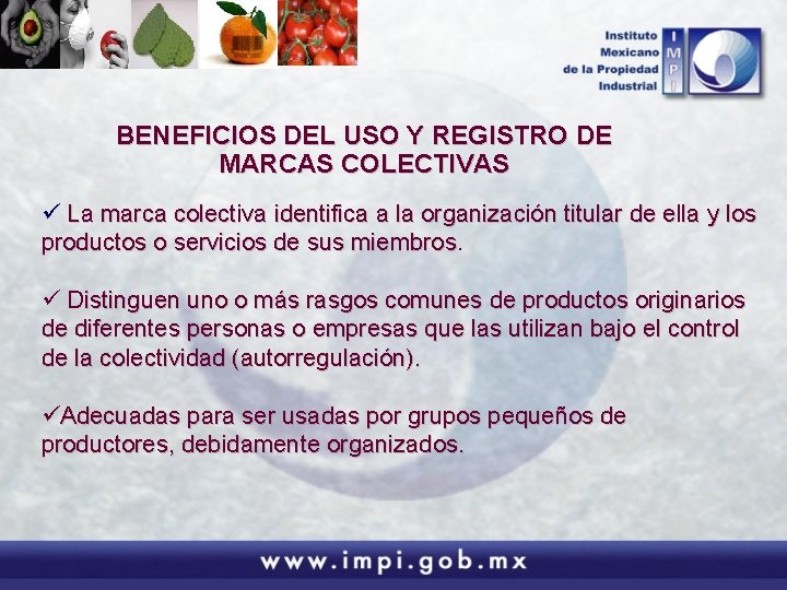 BENEFICIOS DEL USO Y REGISTRO DE MARCAS COLECTIVAS ü La marca colectiva identifica a