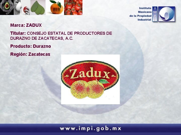 Marca: ZADUX Titular: CONSEJO ESTATAL DE PRODUCTORES DE DURAZNO DE ZACATECAS, A. C. Producto: