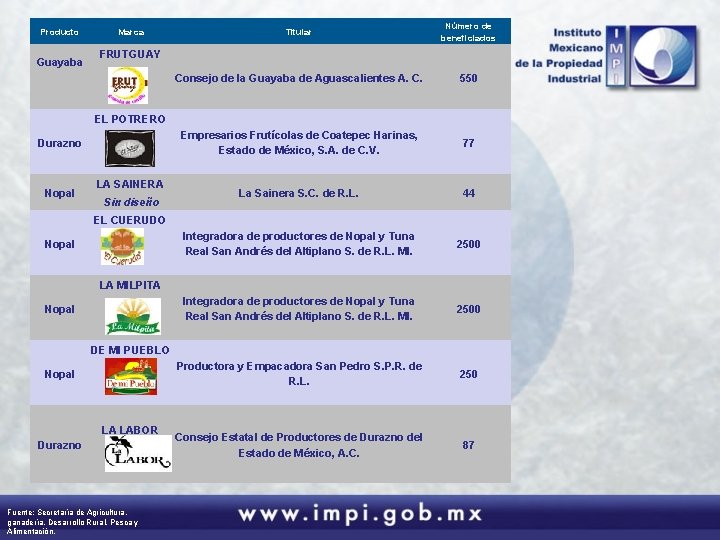 Producto Guayaba Marca Titular Número de beneficiados Consejo de la Guayaba de Aguascalientes A.