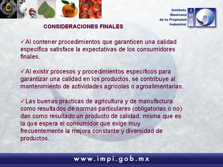 CONSIDERACIONES FINALES üAl contener procedimientos que garanticen una calidad especifica satisface la expectativas de