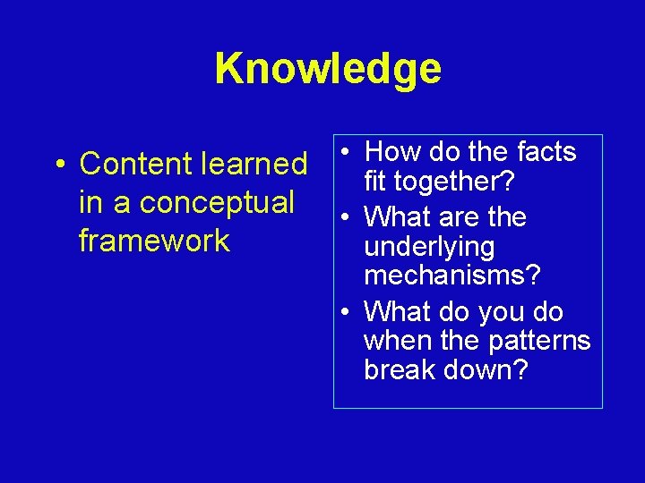 Knowledge do the facts • Content learned • How fit together? in a conceptual