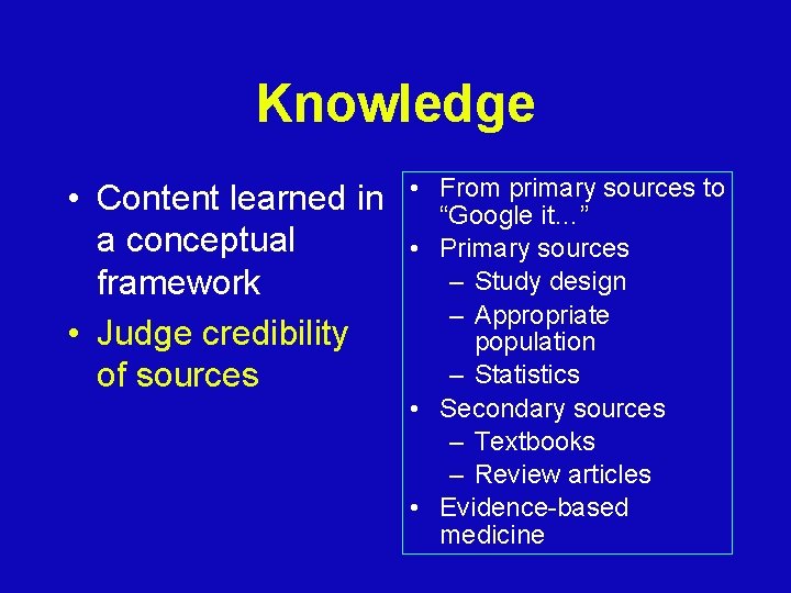 Knowledge • Content learned in a conceptual framework • Judge credibility of sources •