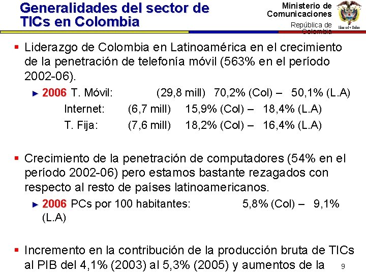 Generalidades del sector de TICs en Colombia Ministerio de Comunicaciones República dede República Colombia