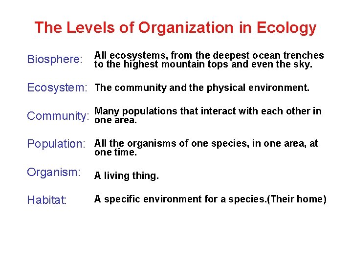 The Levels of Organization in Ecology ecosystems, from the deepest ocean trenches Biosphere: All