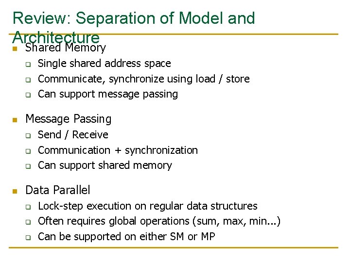 Review: Separation of Model and Architecture n Shared Memory q q q n Message