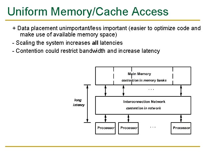 Uniform Memory/Cache Access + Data placement unimportant/less important (easier to optimize code and make