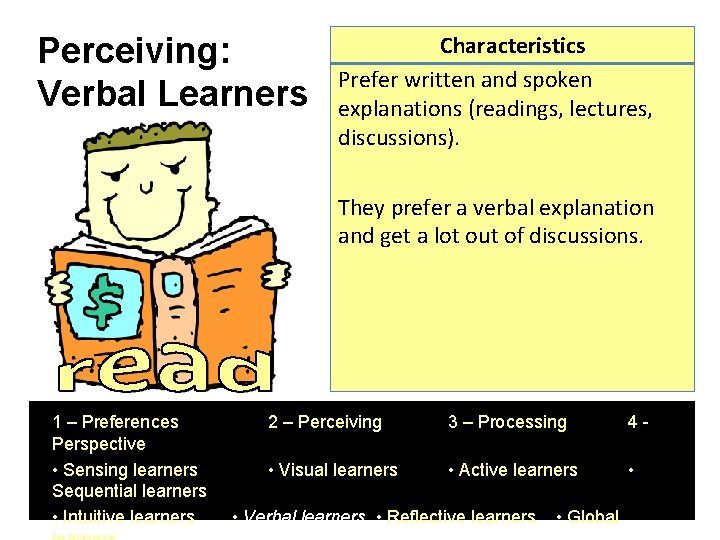 Perceiving: Verbal Learners Characteristics Prefer written and spoken explanations (readings, lectures, discussions). They prefer