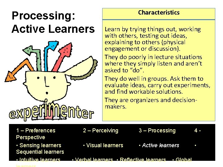 Processing: Active Learners 1 – Preferences Perspective • Sensing learners Sequential learners • Intuitive