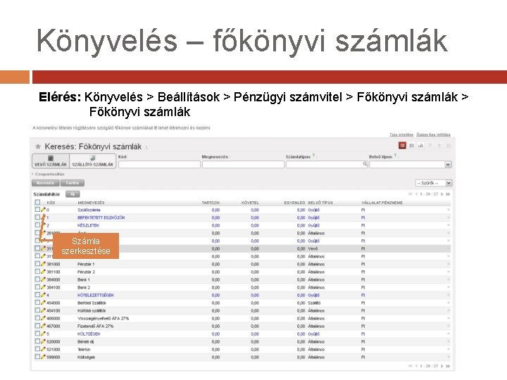 Könyvelés – főkönyvi számlák Elérés: Könyvelés > Beállítások > Pénzügyi számvitel > Főkönyvi számlák