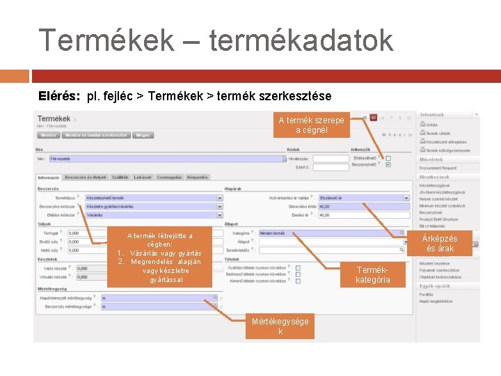 Termékek – termékadatok Elérés: pl. fejléc > Termékek > termék szerkesztése A termék szerepe