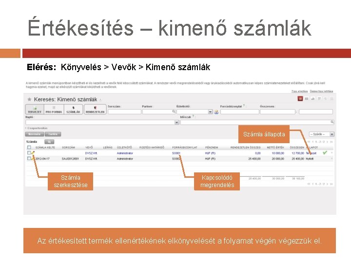 Értékesítés – kimenő számlák Elérés: Könyvelés > Vevők > Kimenő számlák Számla állapota Számla