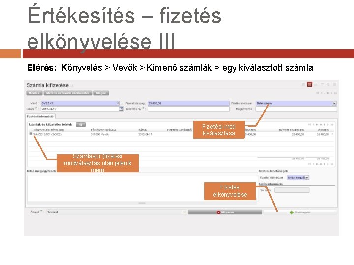 Értékesítés – fizetés elkönyvelése III Elérés: Könyvelés > Vevők > Kimenő számlák > egy