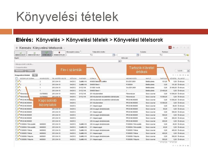 Könyvelési tételek Elérés: Könyvelés > Könyvelési tételek > Könyvelési tételsorok Fkv-i számlák Kapcsolódó bizonylatok