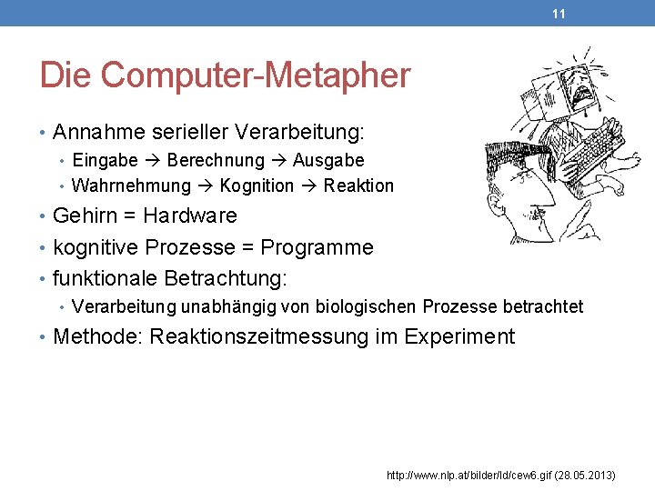 11 Die Computer-Metapher • Annahme serieller Verarbeitung: • Eingabe Berechnung Ausgabe • Wahrnehmung Kognition