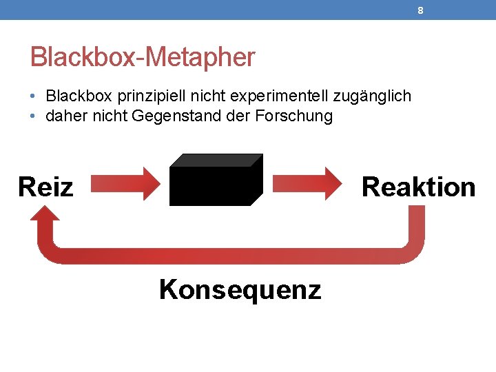 8 Blackbox-Metapher • Blackbox prinzipiell nicht experimentell zugänglich • daher nicht Gegenstand der Forschung