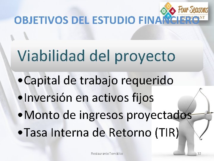 OBJETIVOS DEL ESTUDIO FINANCIERO Viabilidad del proyecto • Capital de trabajo requerido • Inversión