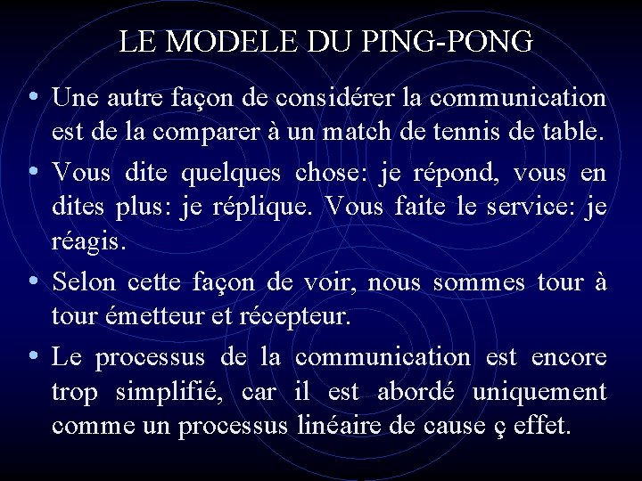 LE MODELE DU PING-PONG • Une autre façon de considérer la communication est de LE MODELE DU PING-PONG • Une autre façon de considérer la communication est de