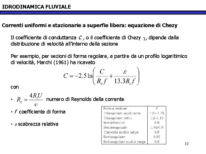 IDRODINAMICA FLUVIALE Correnti uniformi e stazionarie a superfie libera: equazione di Chezy Il coefficiente