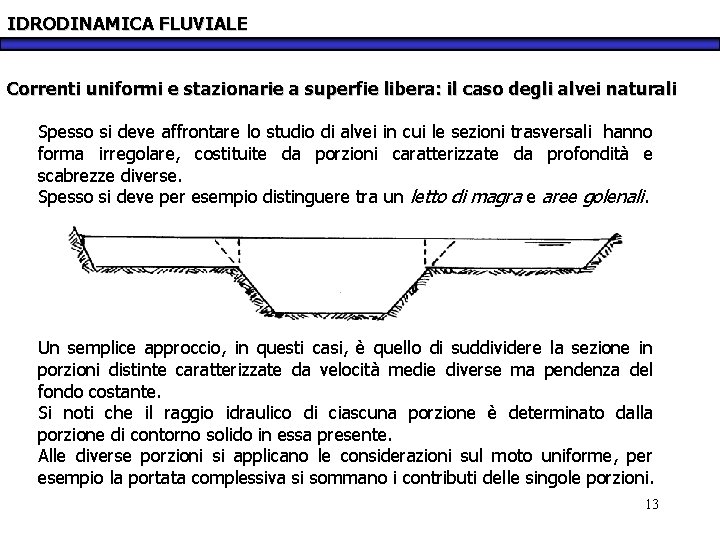 IDRODINAMICA FLUVIALE Correnti uniformi e stazionarie a superfie libera: il caso degli alvei naturali