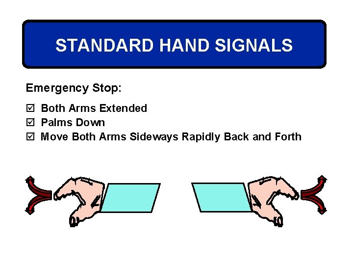 STANDARD HAND SIGNALS Emergency Stop: þ Both Arms Extended þ Palms Down þ Move STANDARD HAND SIGNALS Emergency Stop: þ Both Arms Extended þ Palms Down þ Move