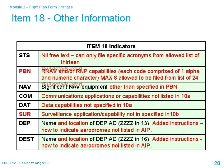 Module 2 – Flight Plan Form Changes Item 18 - Other Information ITEM 18