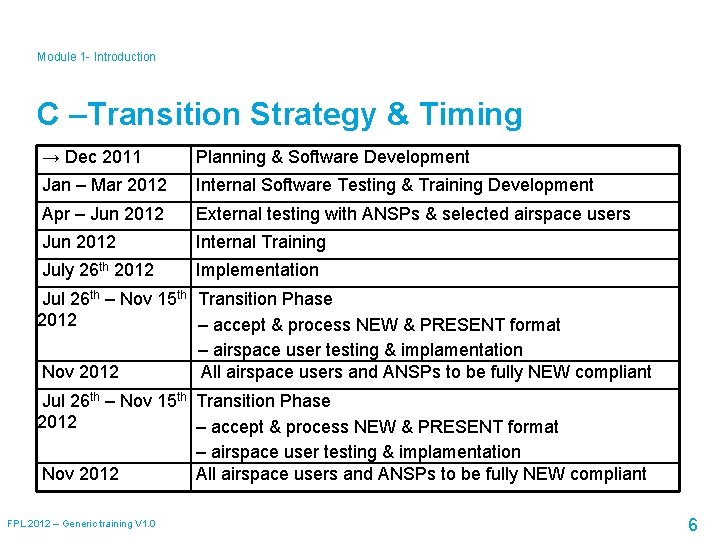 Module 1 - Introduction C –Transition Strategy & Timing → Dec 2011 Planning &