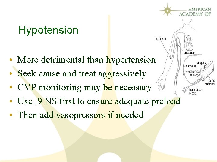 Hypotension • • • More detrimental than hypertension Seek cause and treat aggressively CVP