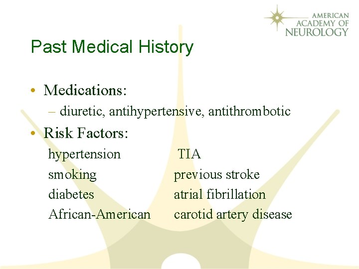 Past Medical History • Medications: – diuretic, antihypertensive, antithrombotic • Risk Factors: hypertension smoking