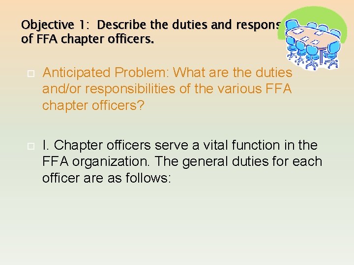 Objective 1: Describe the duties and responsibilities of FFA chapter officers. Anticipated Problem: What