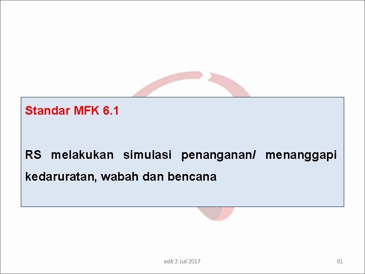 Standar MFK 6. 1 RS melakukan simulasi penanganan/ menanggapi kedaruratan, wabah dan bencana edit