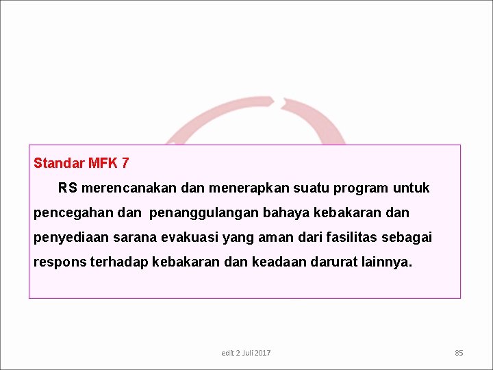 Standar MFK 7 RS merencanakan dan menerapkan suatu program untuk pencegahan dan penanggulangan bahaya