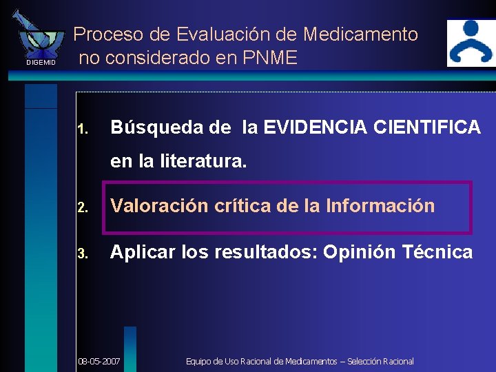 DIGEMID Proceso de Evaluación de Medicamento no considerado en PNME 1. Búsqueda de la